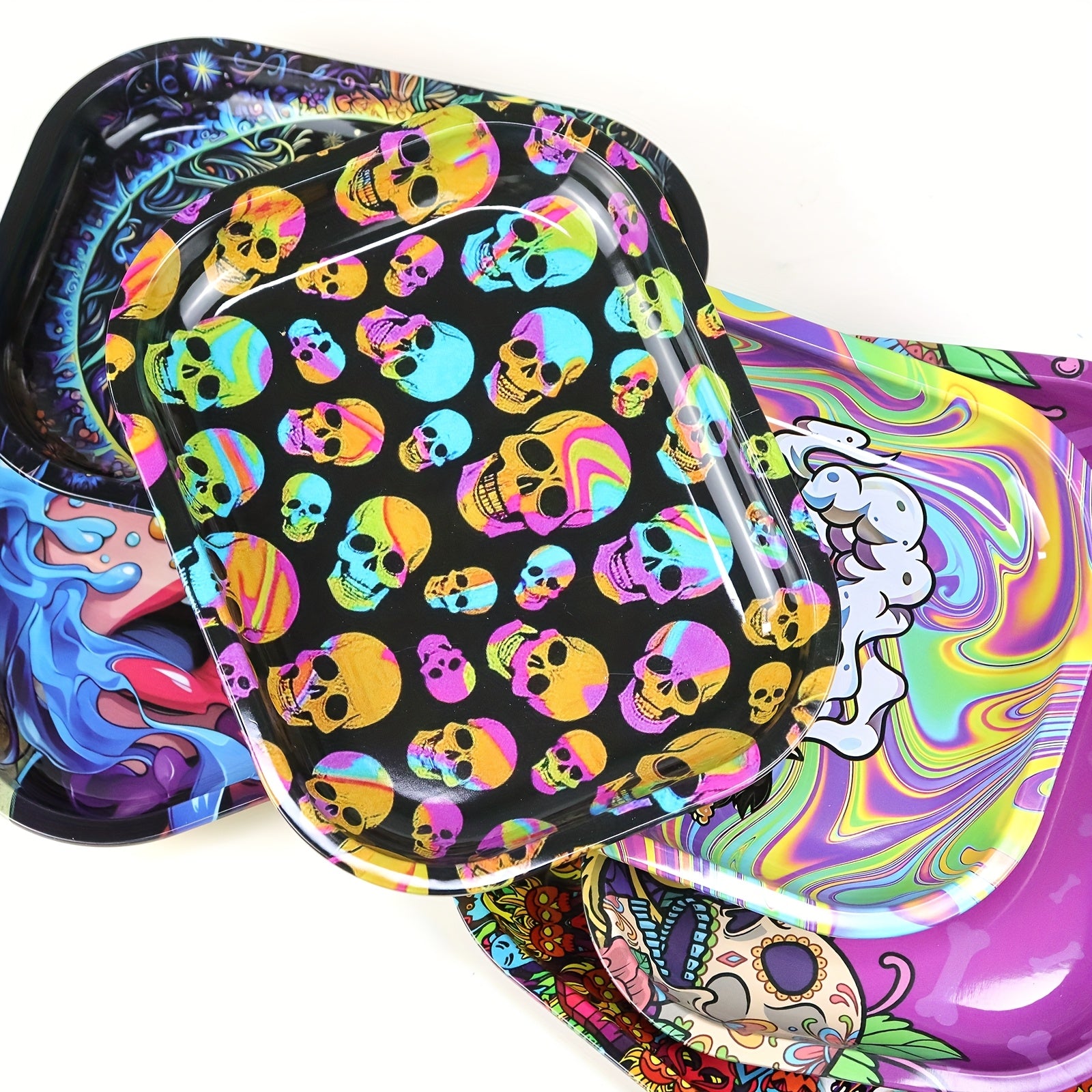 Heavy-Duty Metal Rolling Trays.  Psychedelic Gothic, Skull Designs. Variety of Images.
