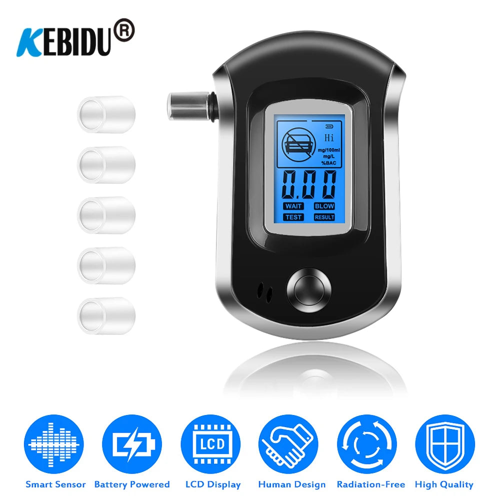 Digital Breath Alcohol Tester LCD Breathalyzer Analyzer 5 Mouthpiece High Sensitivity