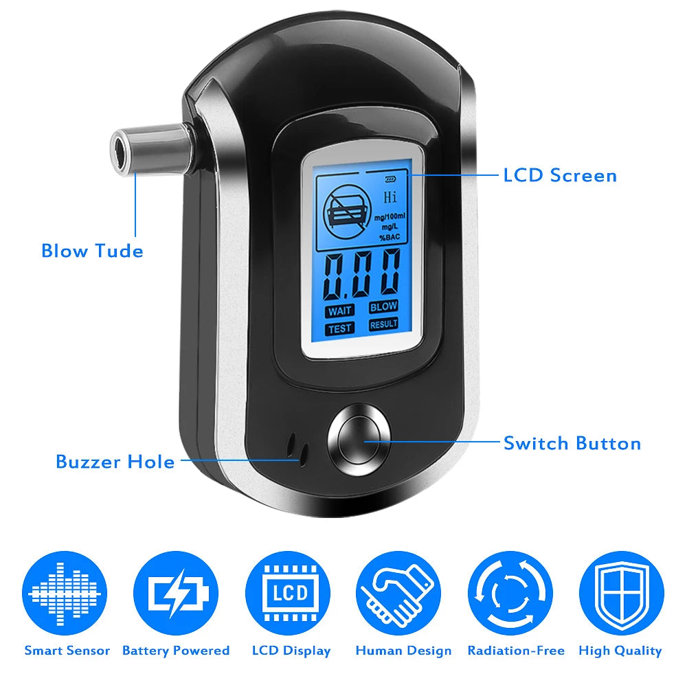 Digital Breath Alcohol Tester LCD Breathalyzer Analyzer 5 Mouthpiece High Sensitivity