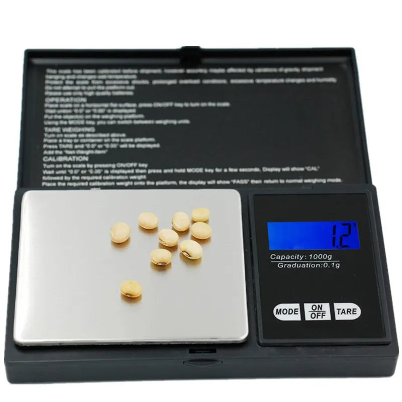 1000g (1Kilo) max to .01g minimum or 200g max to 0.01g minimum or 500g (1/2 Kilo) Max to  0.01g.  3 options.  Certified Calibration.