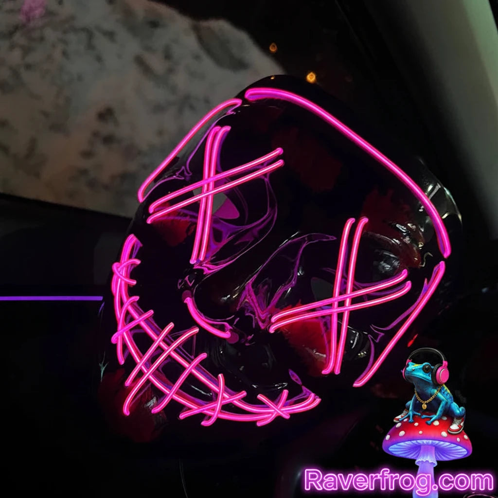 Wireless Neon LED Festival Mask.  **AAA Battery Powered** Wireless Set-Up.  Multi-Mode Options.  18hr Battery Life!