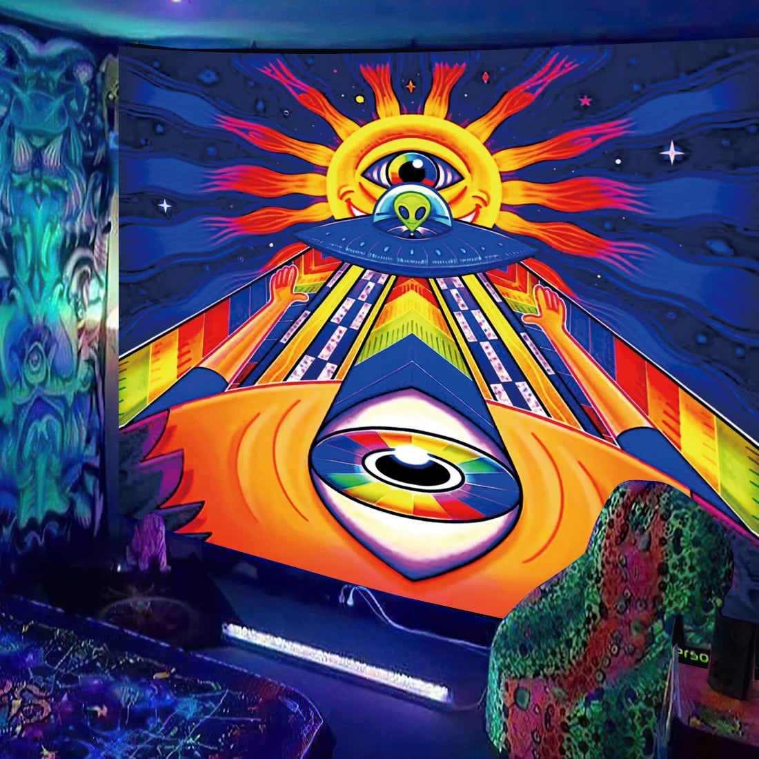 HD [UV] Black Light Psychedelic Mayan / Aztec Inspired Tapestry Collection