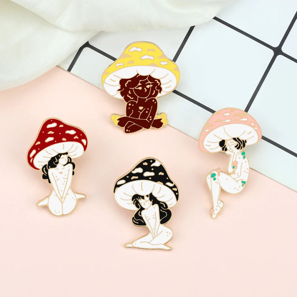 Mushroom Trippy Sisters Enamel Drip Pins.