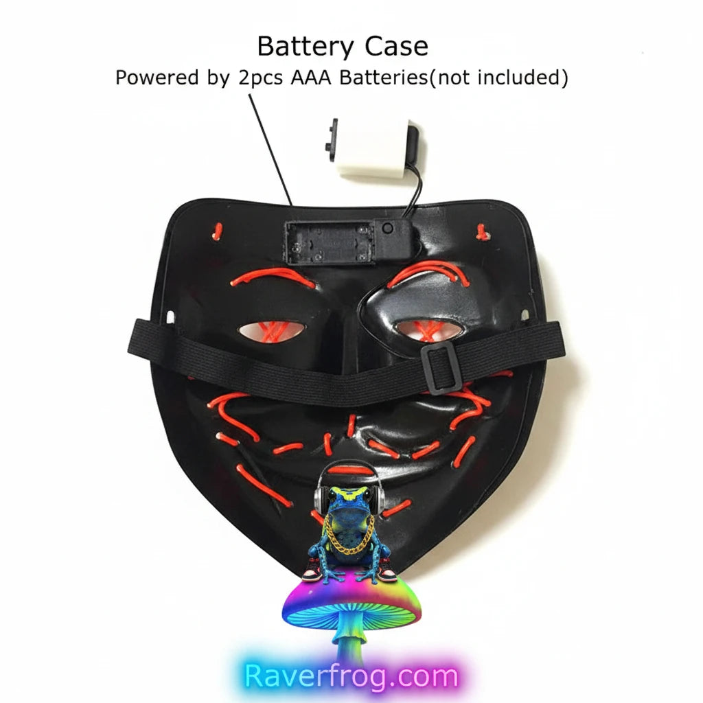 Wireless Neon LED Festival Mask.  **AAA Battery Powered** Wireless Set-Up.  Multi-Mode Options.  18hr Battery Life!