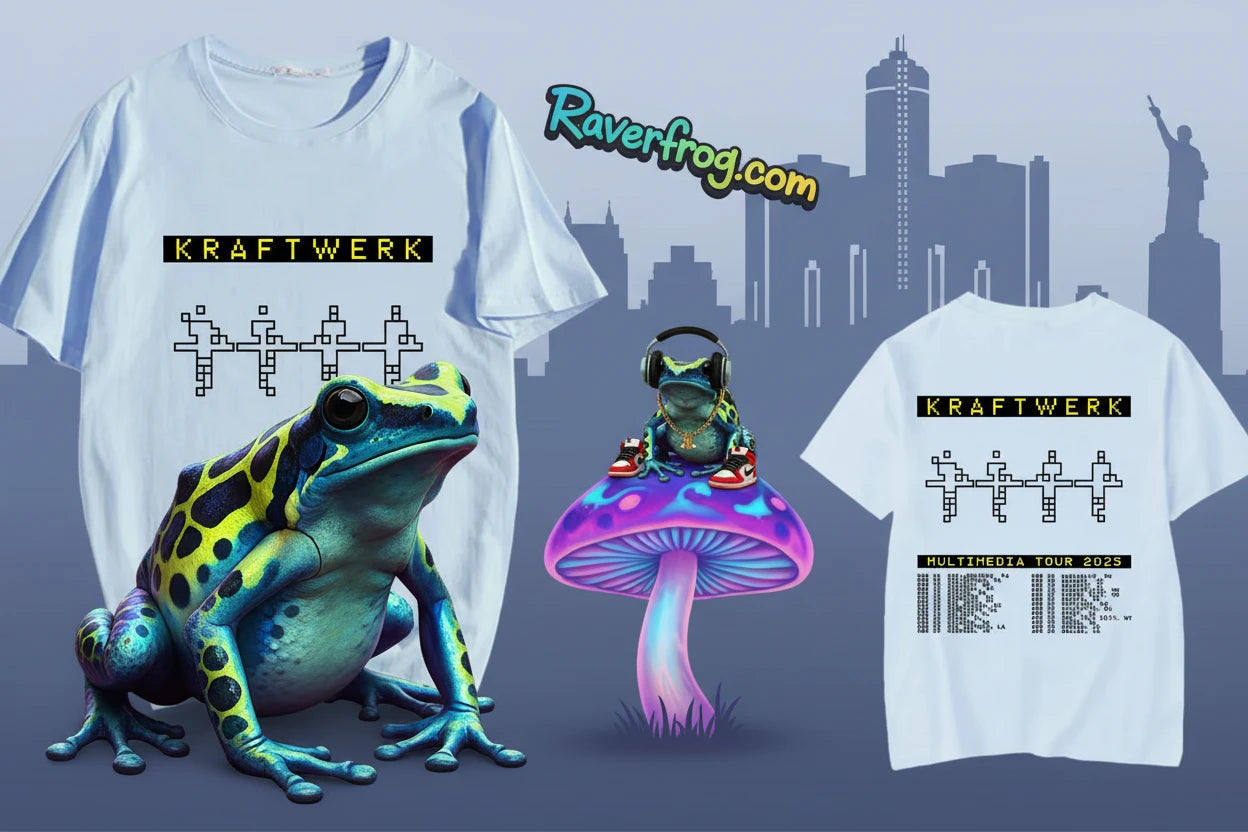 Official Merch - KRAFTWERK 2025 Multimedia Tour - American Tour Location Stops listed on Backside of T-Shirt.