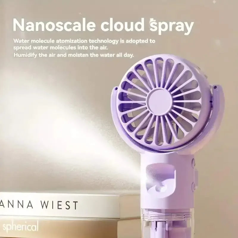 Portable Water Mist Fan Mini Handheld. USB Charging / Recharging. 4 Speeds. Hangs from Neck.  9 hour Battery.