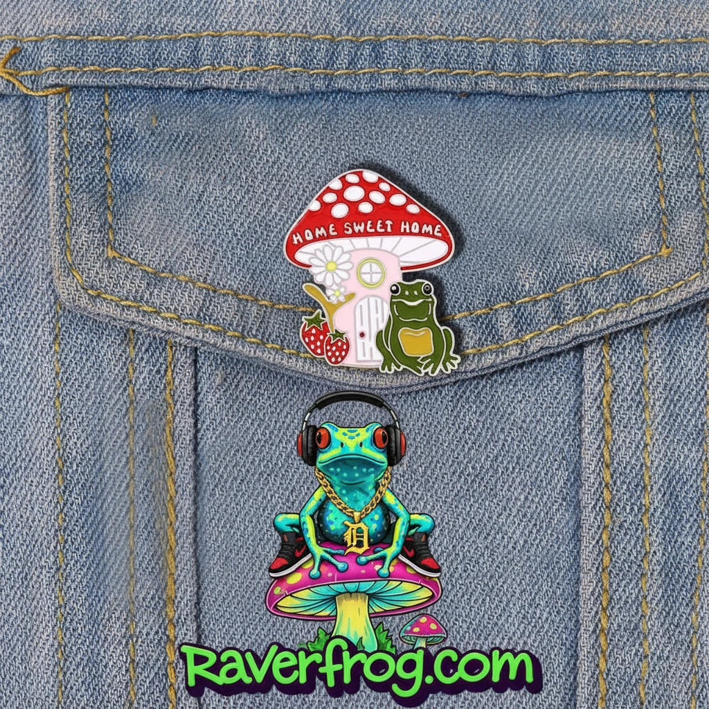 Cute R.F. Mushroom and Frog Home Enamel Pins