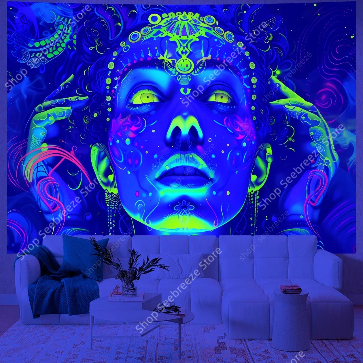 Psychedelic Mystic Face UV Reactive Tapestry Collection.
