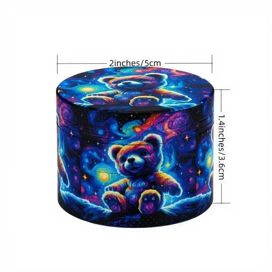 2" Starry Night Neon Teddy Herb Grinder and Rolling Tray + Trimming Scissors + Keefe Scraper+ Pipe Multi-Tool.  100% Discreet Packaging!