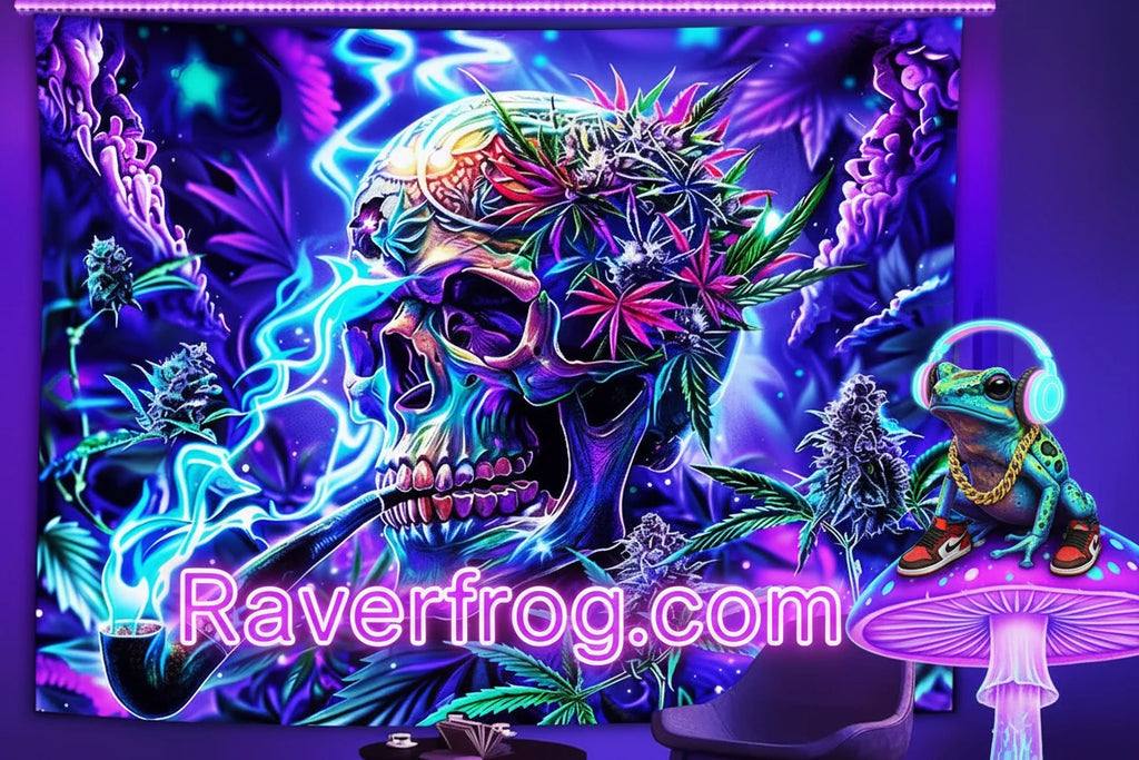 HD Sativa Skull Premium Wall Tapestry.  UV / Blacklight Reactive.