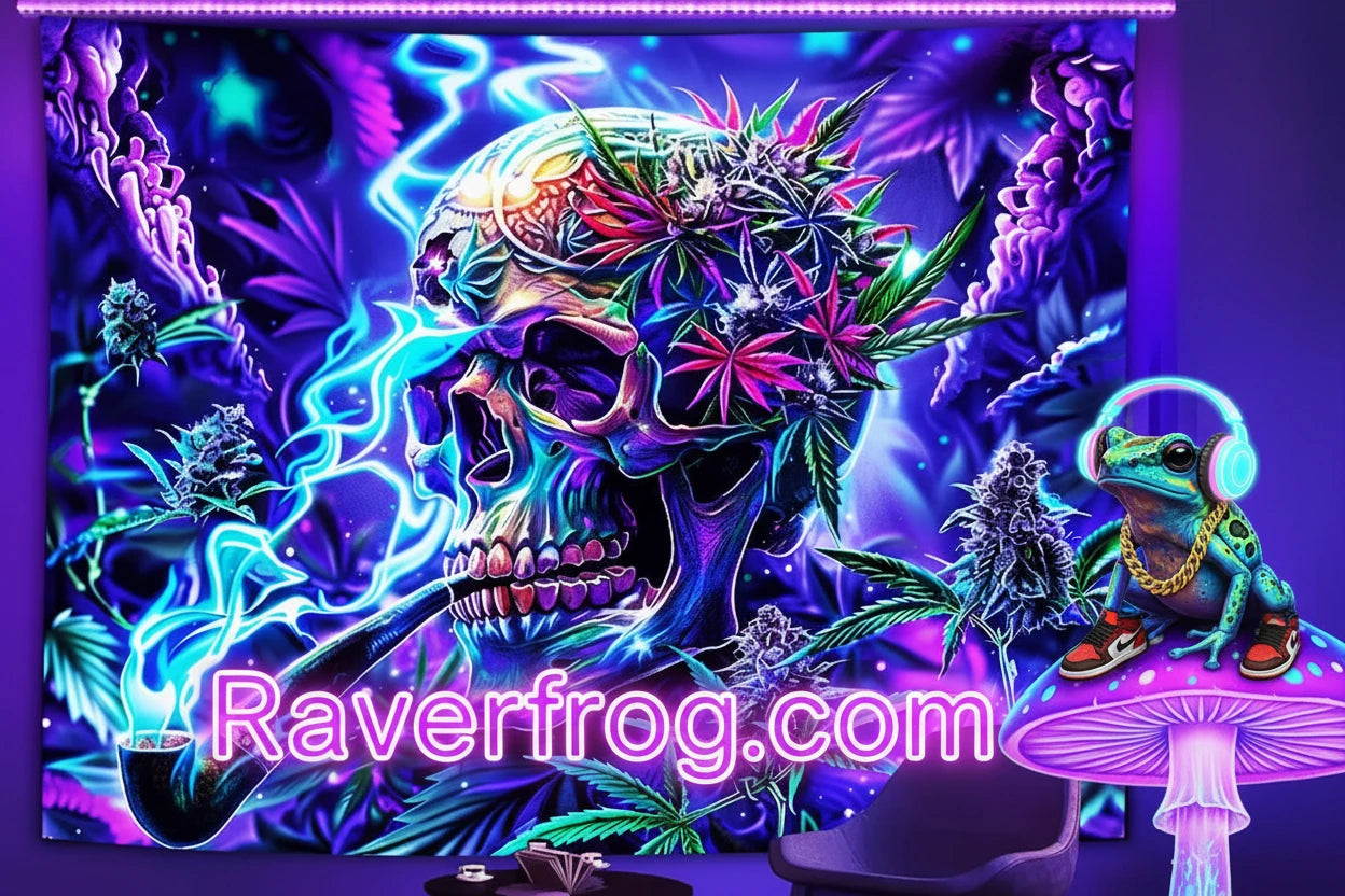 HD Sativa Skull Premium Wall Tapestry.  UV / Blacklight Reactive.