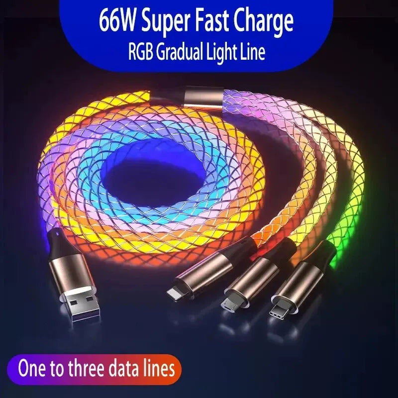 6A Super Fast Charging Colorful Glow Light Data Cable 3 in 1.  USB to Micro USB, Lightning, USBC.  3 feet.