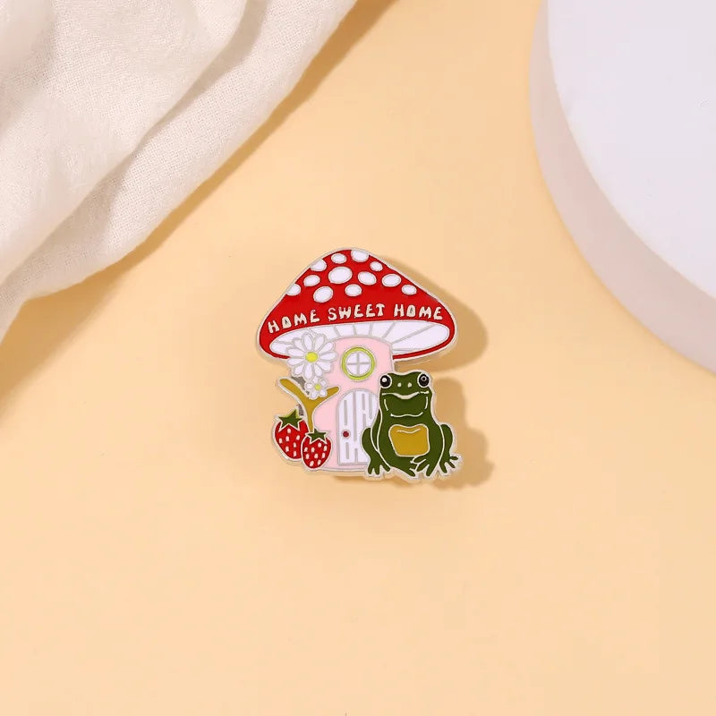 Cute R.F. Mushroom and Frog Home Enamel Pins