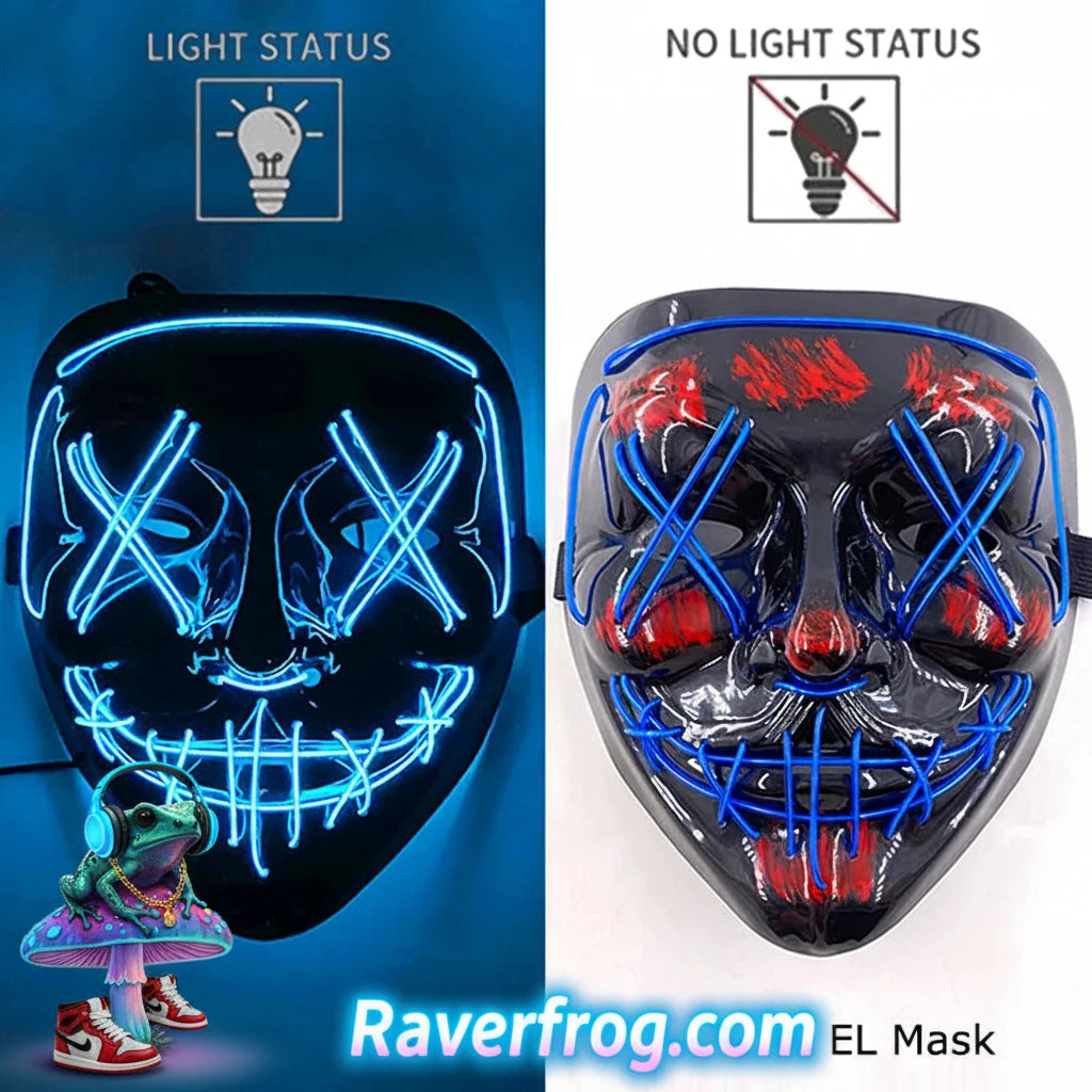 Wireless Neon LED Festival Mask.  **AAA Battery Powered** Wireless Set-Up.  Multi-Mode Options.  18hr Battery Life!