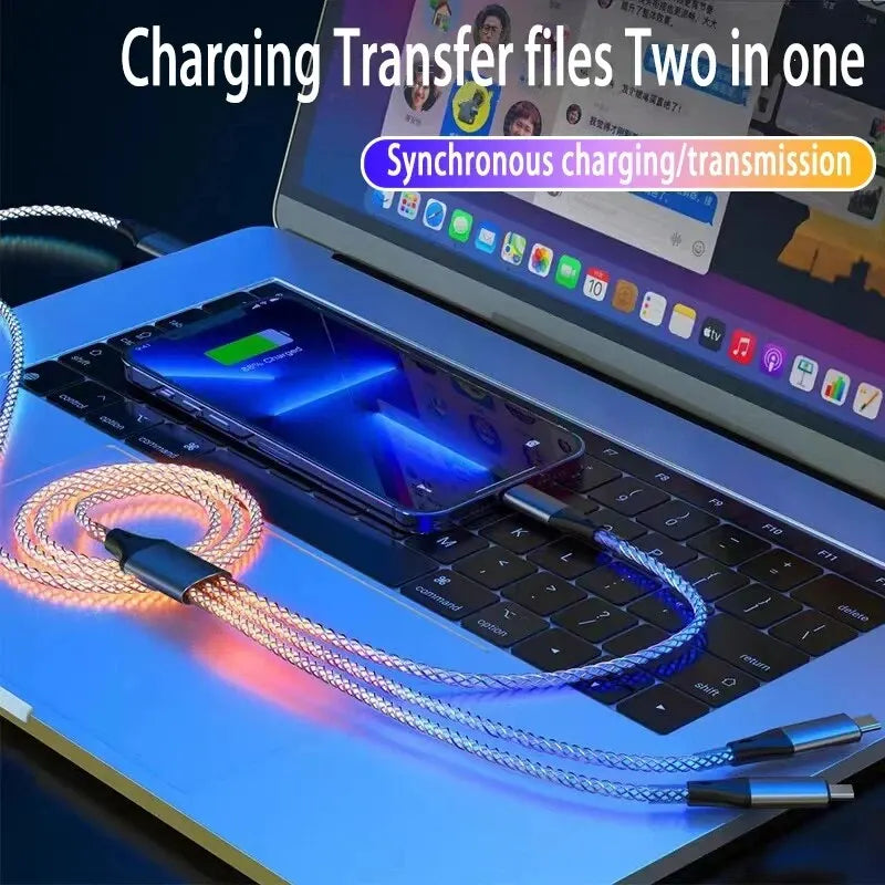 6A Super Fast Charging Colorful Glow Light Data Cable 3 in 1.  USB to Micro USB, Lightning, USBC.  3 feet.