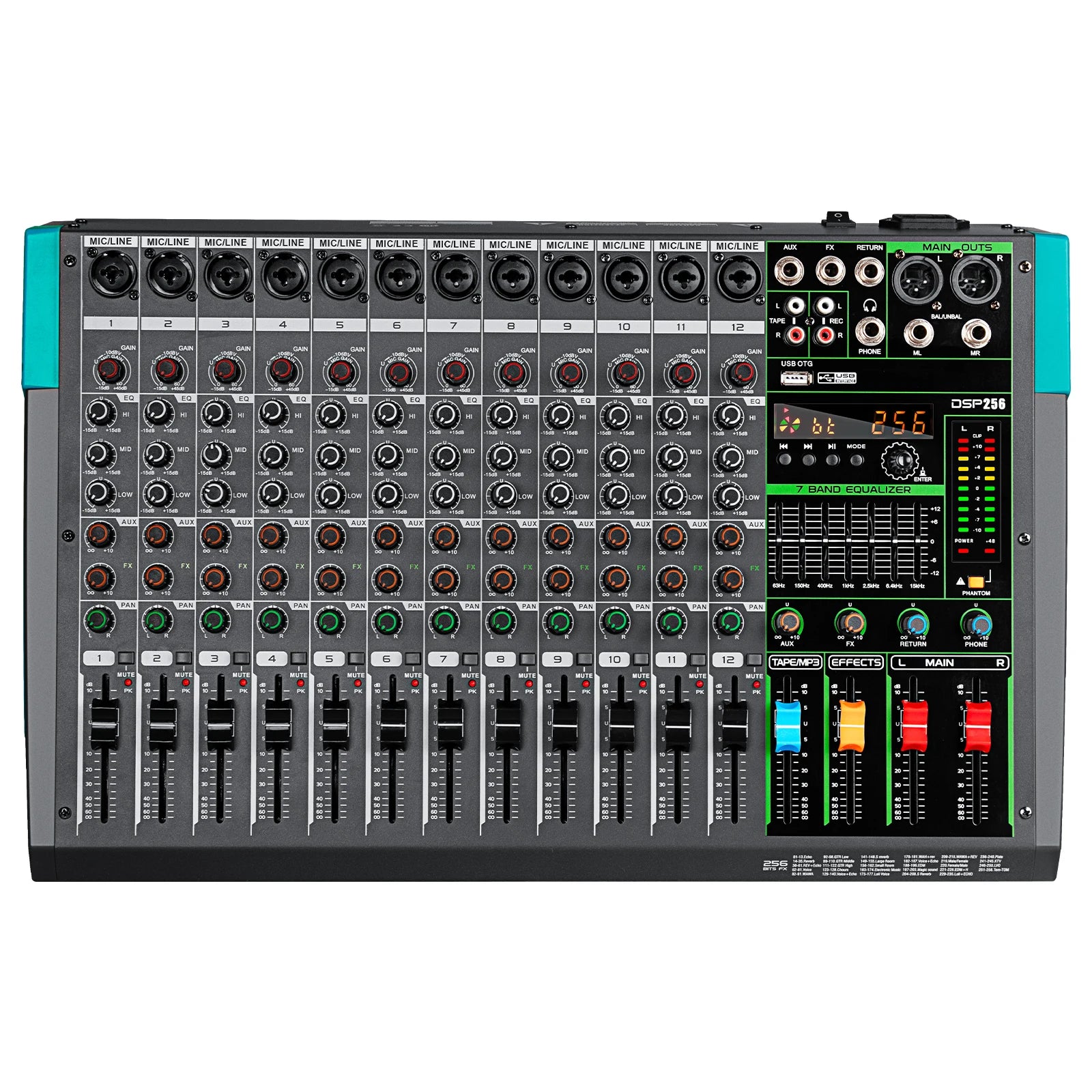 Professional 12 Channel 99 DSP Audio Mixer DJ Controller Reverb Recording Mixing With Bluetooth For Recording Stage Performance.