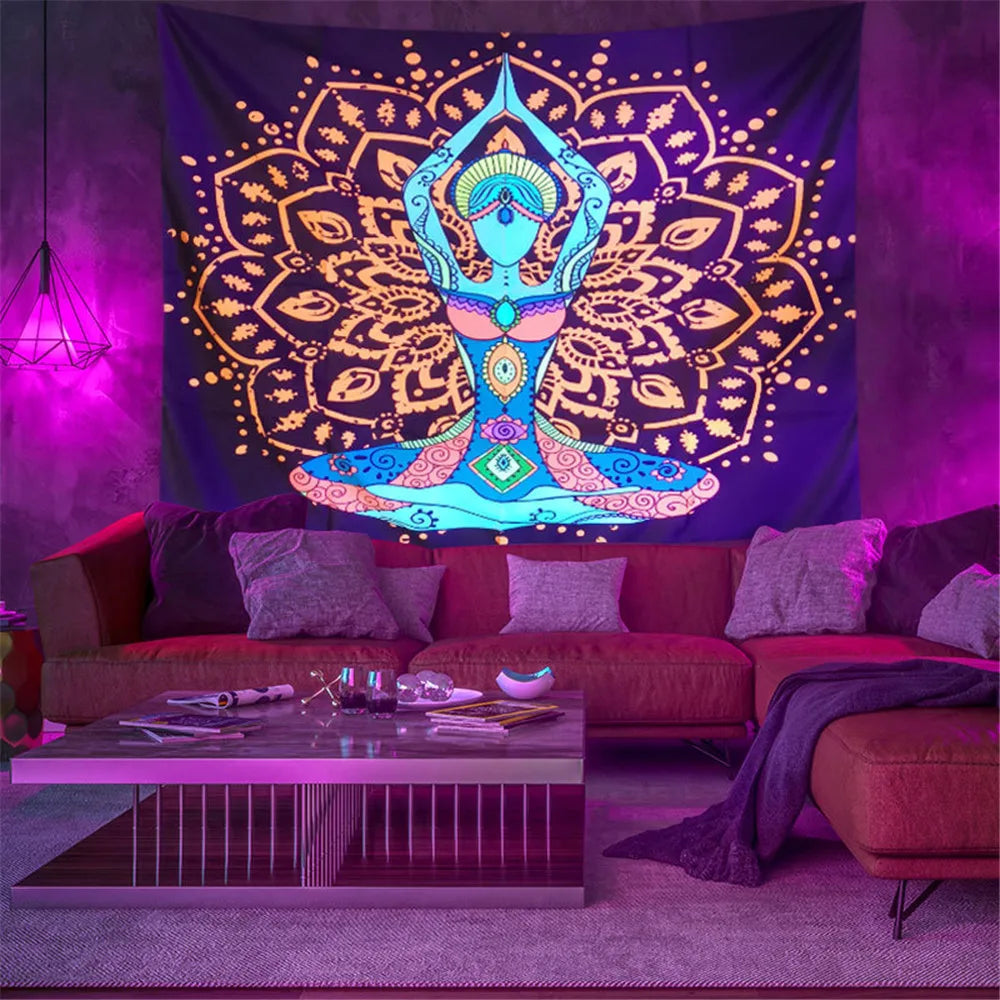 Fluorescent Trippy Namaste Tapestry Collection. Psychedelic Choices.