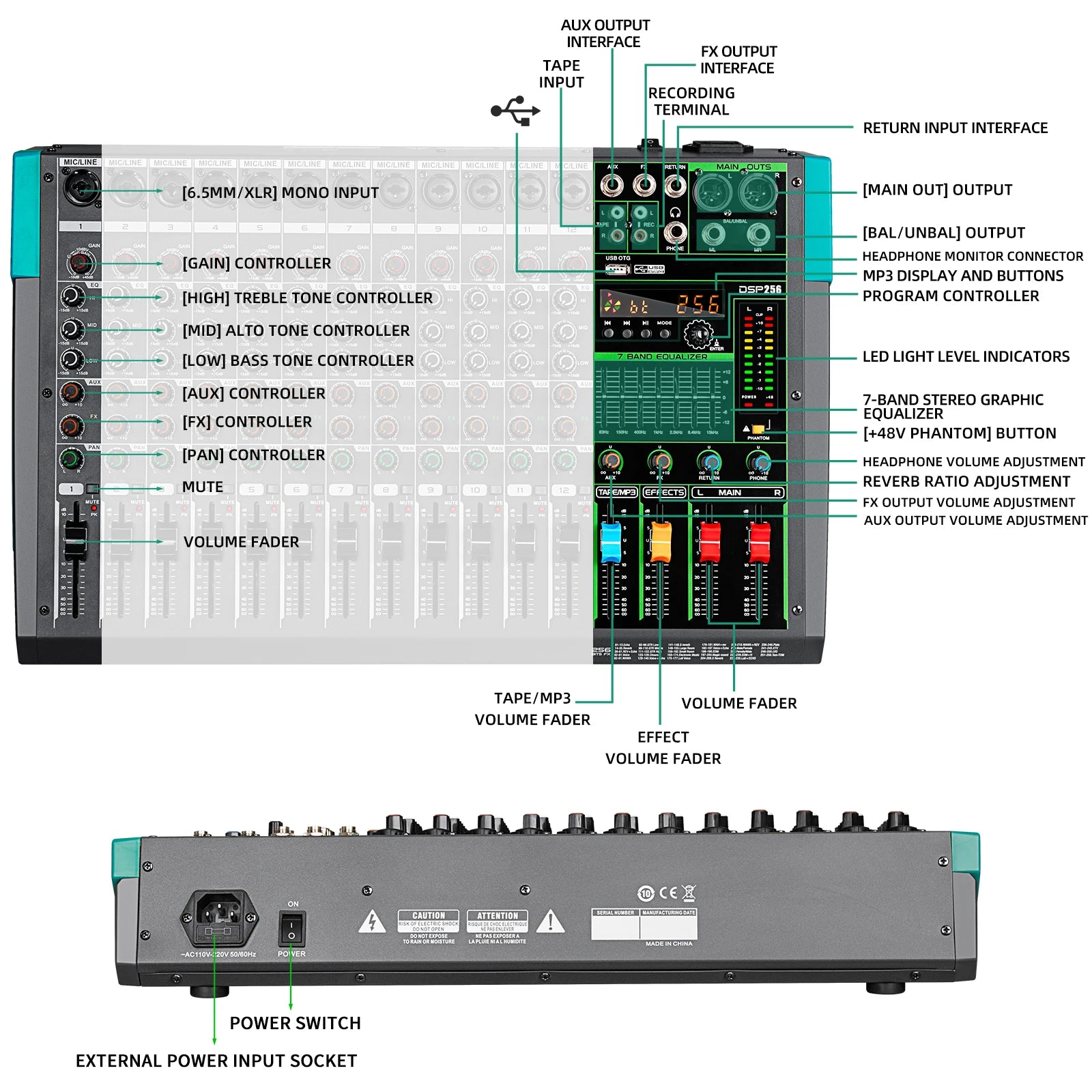 Professional 12 Channel 99 DSP Audio Mixer DJ Controller Reverb Recording Mixing With Bluetooth For Recording Stage Performance.