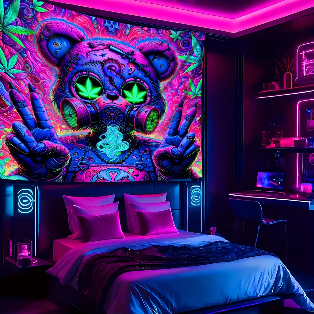 HD Tranquilized Teddy UV Fluorescent Tapestry.  Premium - Bright, Vivid and Detailed.