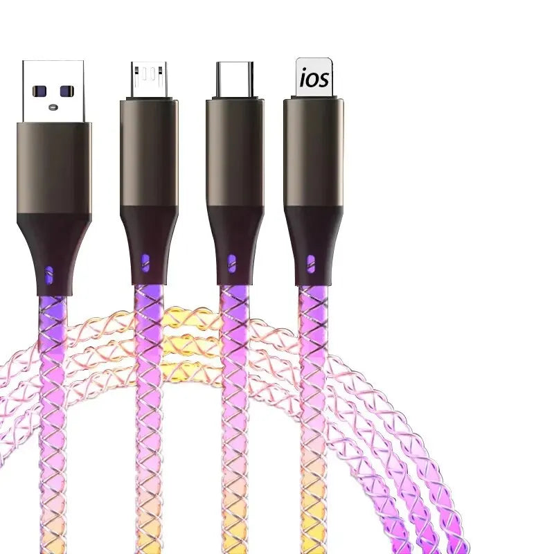 6A Super Fast Charging Colorful Glow Light Data Cable 3 in 1.  USB to Micro USB, Lightning, USBC.  3 feet.