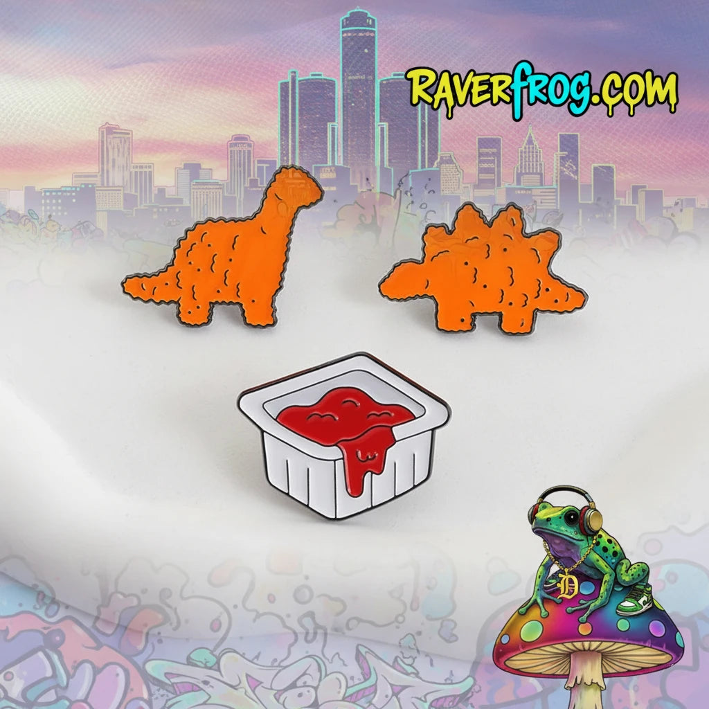 Dinosaur Nuggets / Dipping Sauce Festival Enamel Pins!  Brachiosaurus, Stegosaurus and Ketchup all sold separately - or - sold together as a Righteous Value Meal 🐸