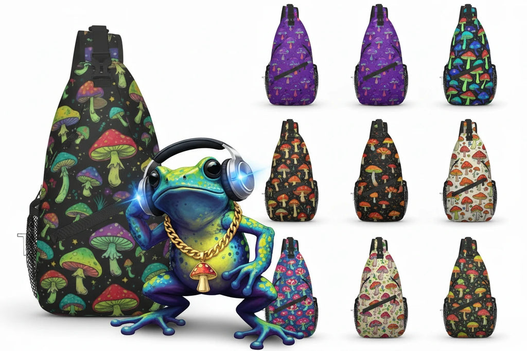 Naser’s Shroom Sack.  Colorful Magic Mushroom Casual Crossbody Backpack / Sling Bag.