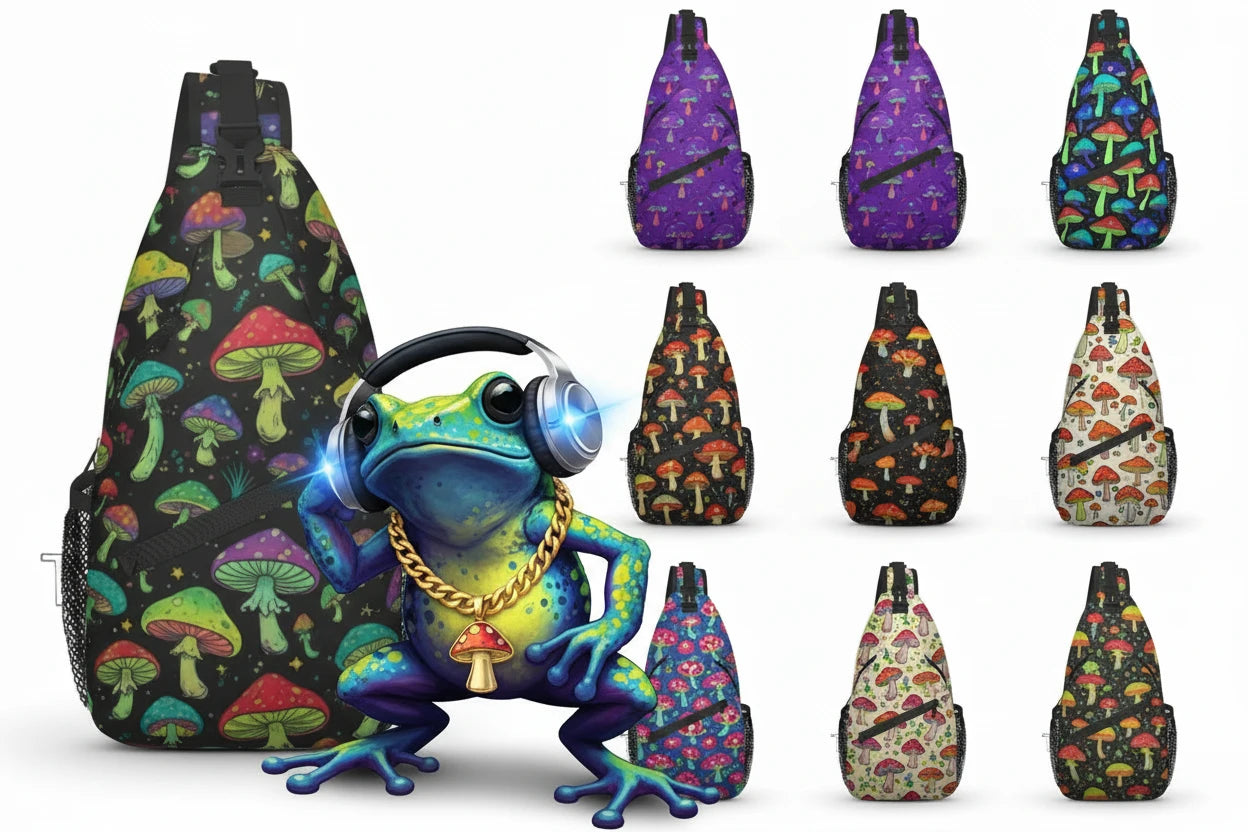 Naser’s Shroom Sack.  Colorful Magic Mushroom Casual Crossbody Backpack / Sling Bag.