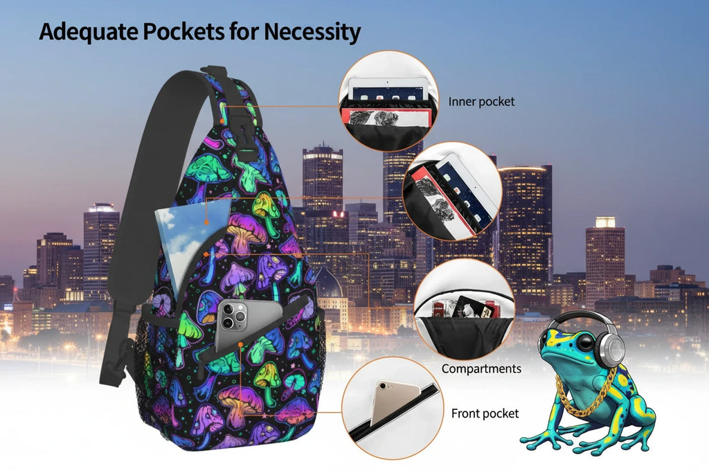 Naser’s Shroom Sack.  Colorful Magic Mushroom Casual Crossbody Backpack / Sling Bag.