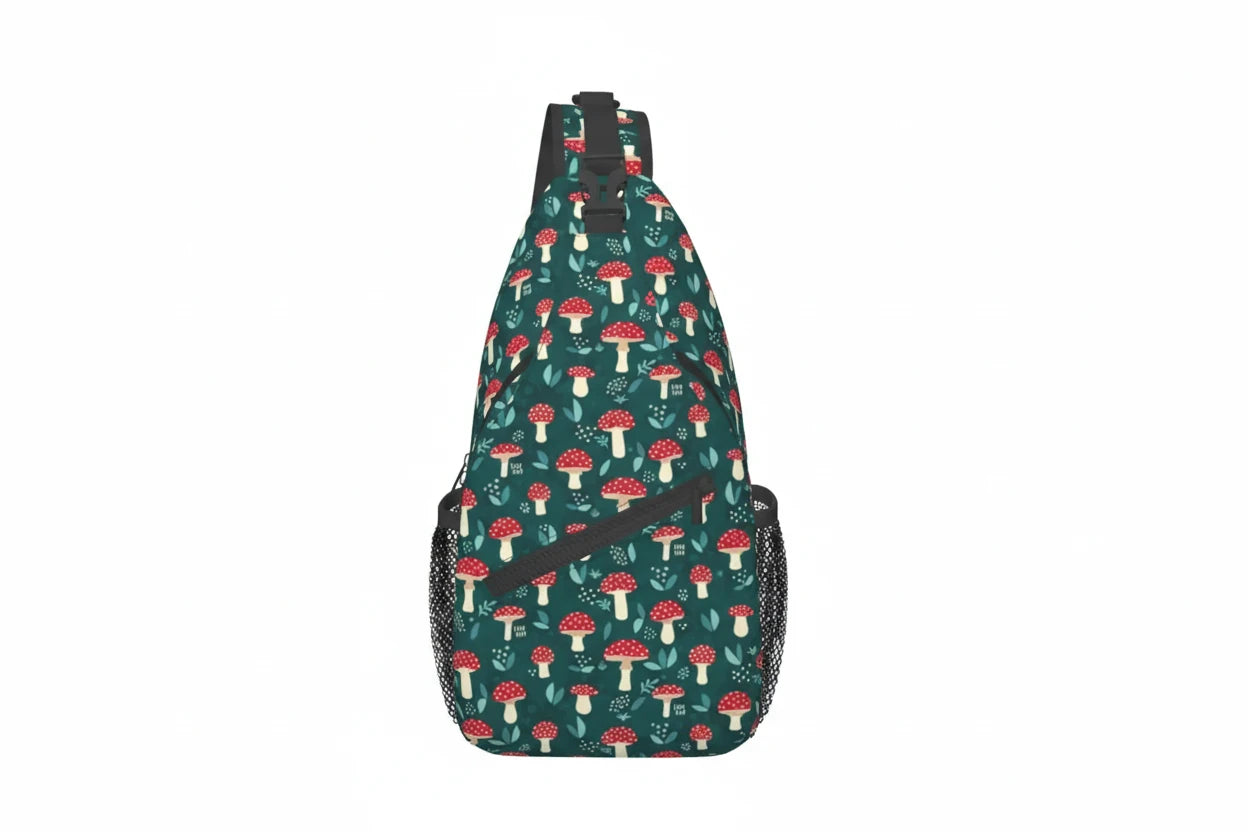 Naser’s Shroom Sack.  Colorful Magic Mushroom Casual Crossbody Backpack / Sling Bag.