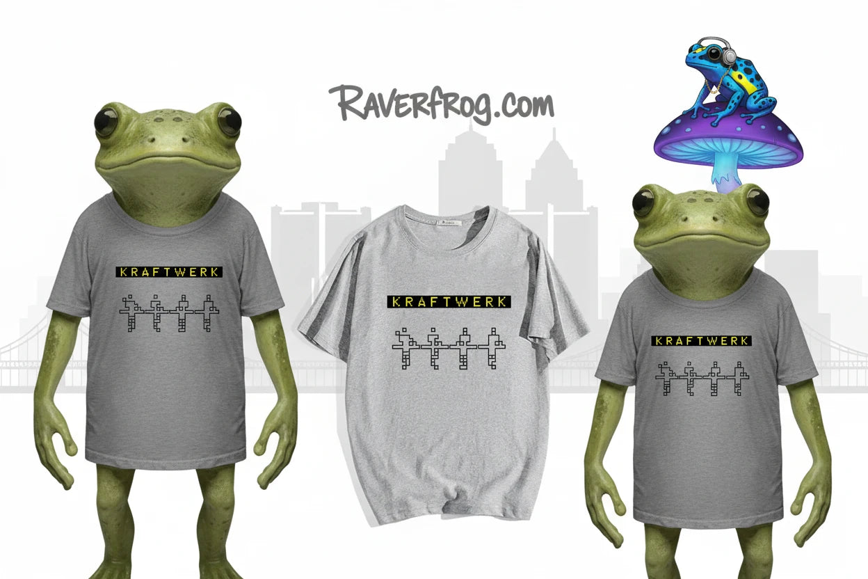 Official Merch - KRAFTWERK 2025 Multimedia Tour - American Tour Location Stops listed on Backside of T-Shirt.