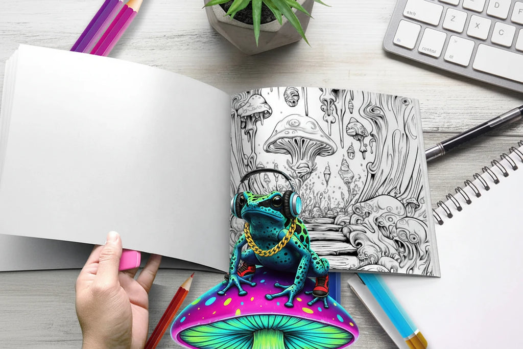 RaverFrog Acid Trip / Mushroom World  Adult Coloring Book.  Original Amazing Art Images.   Bring your Trips a Reality!