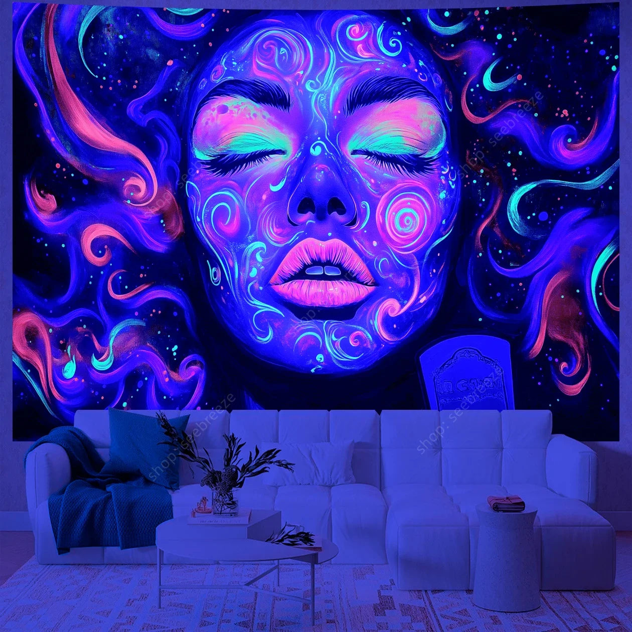 Psychedelic Mystic Face UV Reactive Tapestry Collection.