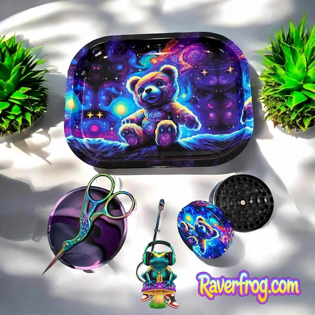 2" Starry Night Neon Teddy Herb Grinder and Rolling Tray + Trimming Scissors + Keefe Scraper+ Pipe Multi-Tool.  100% Discreet Packaging!