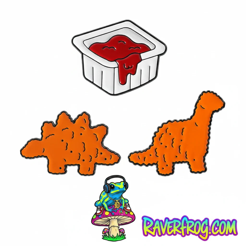 Dinosaur Nuggets / Dipping Sauce Festival Enamel Pins!  Brachiosaurus, Stegosaurus and Ketchup all sold separately - or - sold together as a Righteous Value Meal 🐸