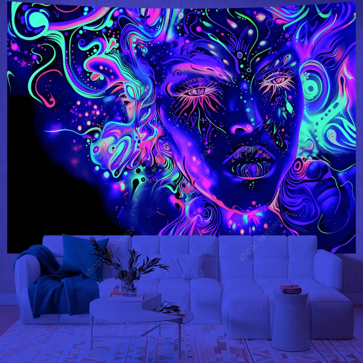 Psychedelic Mystic Face UV Reactive Tapestry Collection.