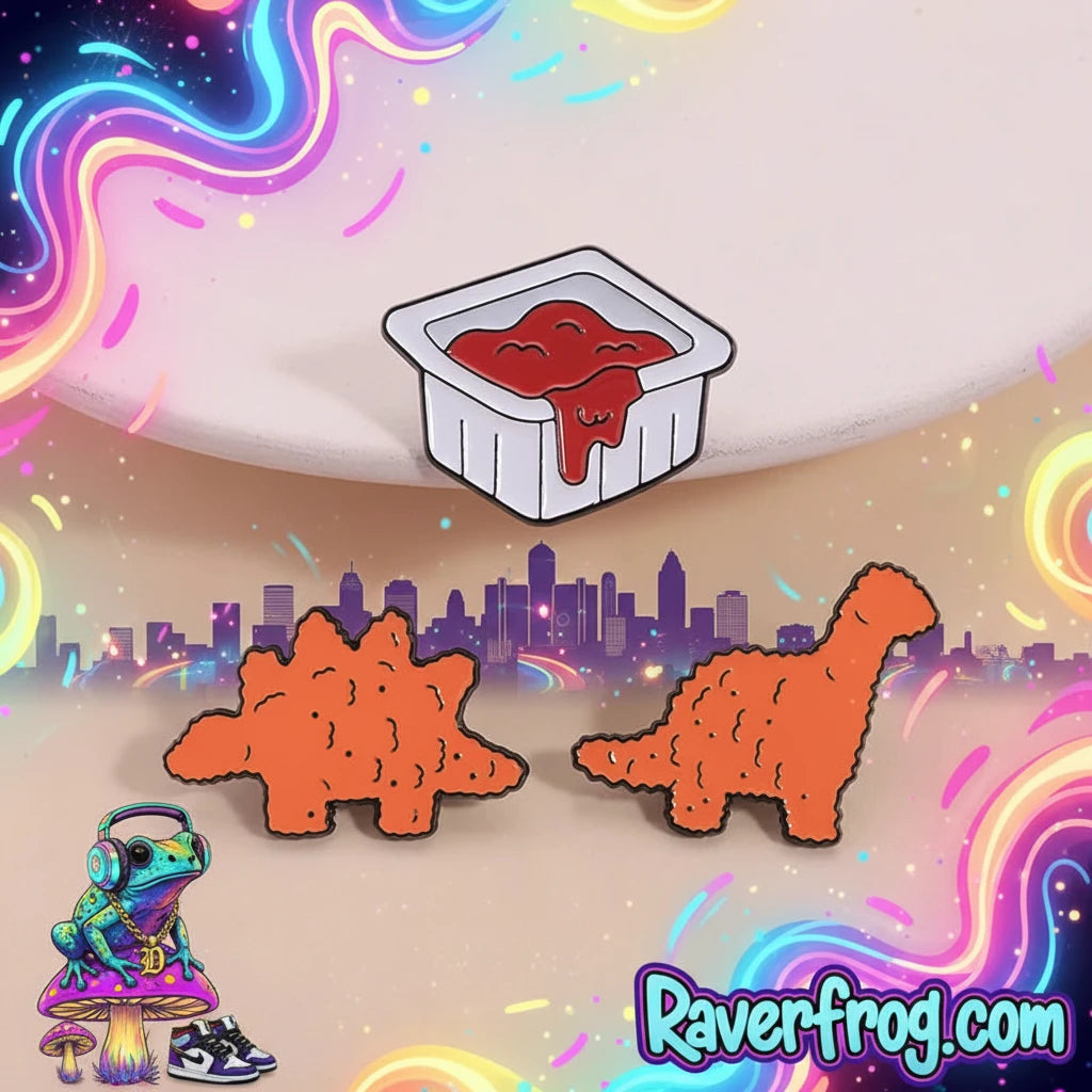 Dinosaur Nuggets / Dipping Sauce Festival Enamel Pins!  Brachiosaurus, Stegosaurus and Ketchup all sold separately - or - sold together as a Righteous Value Meal 🐸