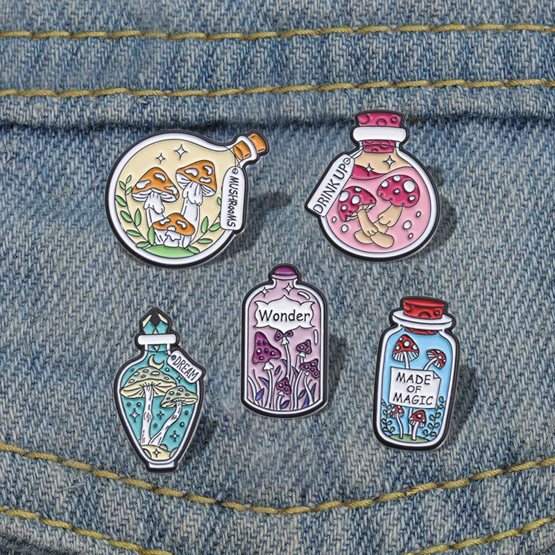 Mushrooms In A Bottle Enamel Festival  Pins