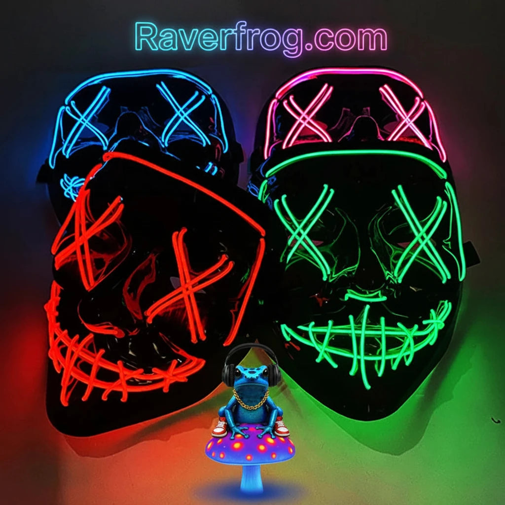 Wireless Neon LED Festival Mask.  **AAA Battery Powered** Wireless Set-Up.  Multi-Mode Options.  18hr Battery Life!