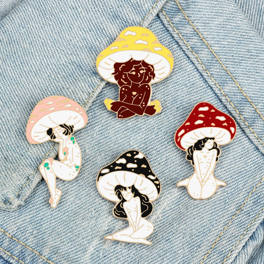 Mushroom Trippy Sisters Enamel Drip Pins.