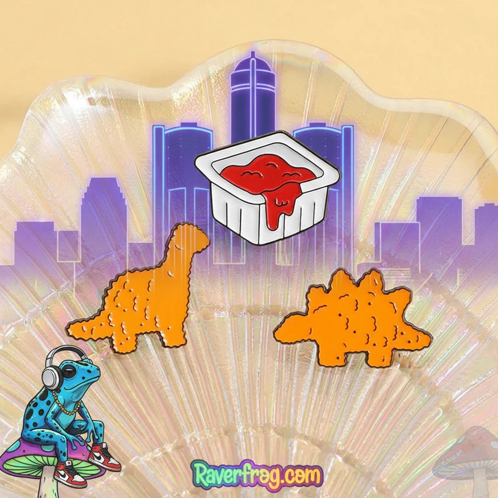 Dinosaur Nuggets / Dipping Sauce Festival Enamel Pins!  Brachiosaurus, Stegosaurus and Ketchup all sold separately - or - sold together as a Righteous Value Meal 🐸