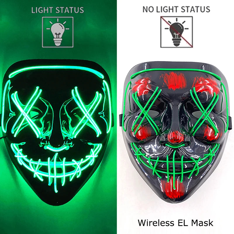 Wireless Neon LED Festival Mask.  **AAA Battery Powered** Wireless Set-Up.  Multi-Mode Options.  18hr Battery Life!