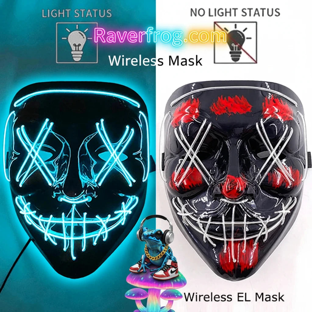 Wireless Neon LED Festival Mask.  **AAA Battery Powered** Wireless Set-Up.  Multi-Mode Options.  18hr Battery Life!