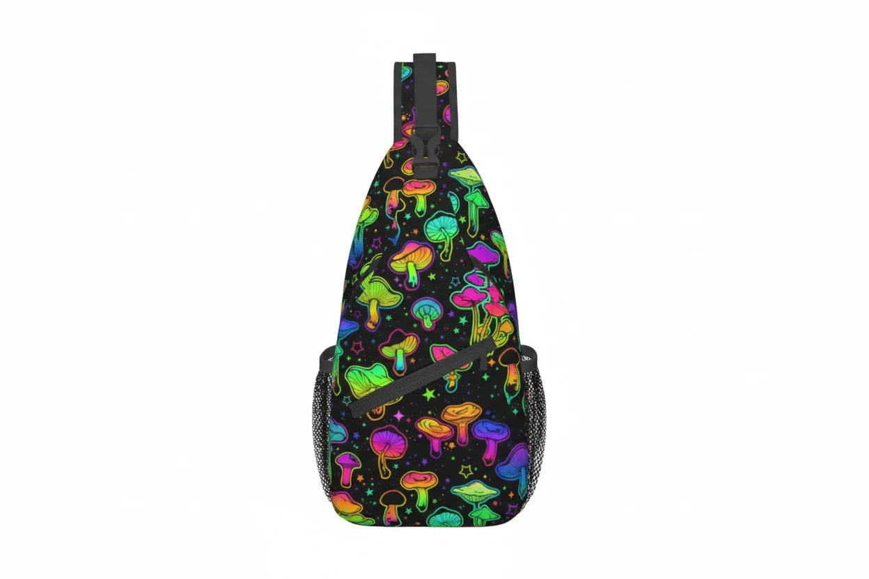 Naser’s Shroom Sack.  Colorful Magic Mushroom Casual Crossbody Backpack / Sling Bag.