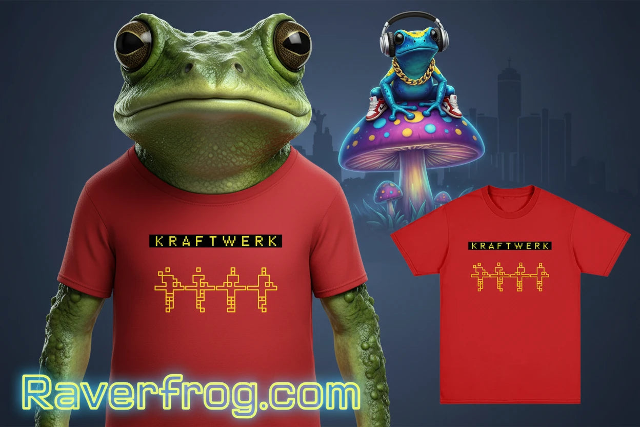 Official Merch - KRAFTWERK 2025 Multimedia Tour - American Tour Location Stops listed on Backside of T-Shirt.