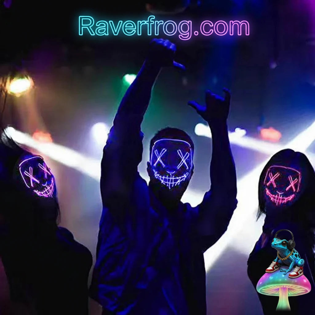 Wireless Neon LED Festival Mask.  **AAA Battery Powered** Wireless Set-Up.  Multi-Mode Options.  18hr Battery Life!