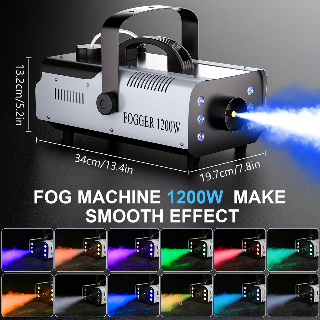 Fieryzeal 1200W Professional Fog / Smoke Machine.  Remote controlled, with 6 LED Color Changing Lights.  DJ Frogs all in one.