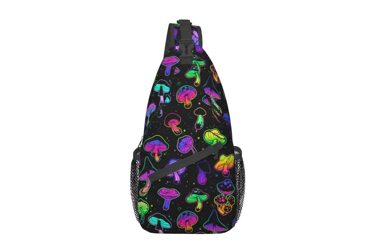 Naser’s Shroom Sack.  Colorful Magic Mushroom Casual Crossbody Backpack / Sling Bag.