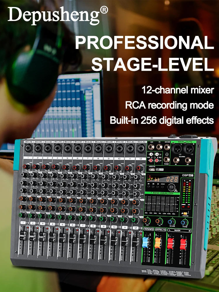 Professional 12 Channel 99 DSP Audio Mixer DJ Controller Reverb Recording Mixing With Bluetooth For Recording Stage Performance.