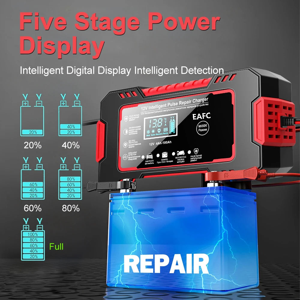 Car Battery Charger 12V 6A Pulse Repair LCD Display Smart Fast Charge / Start for Car / Motorcycle.