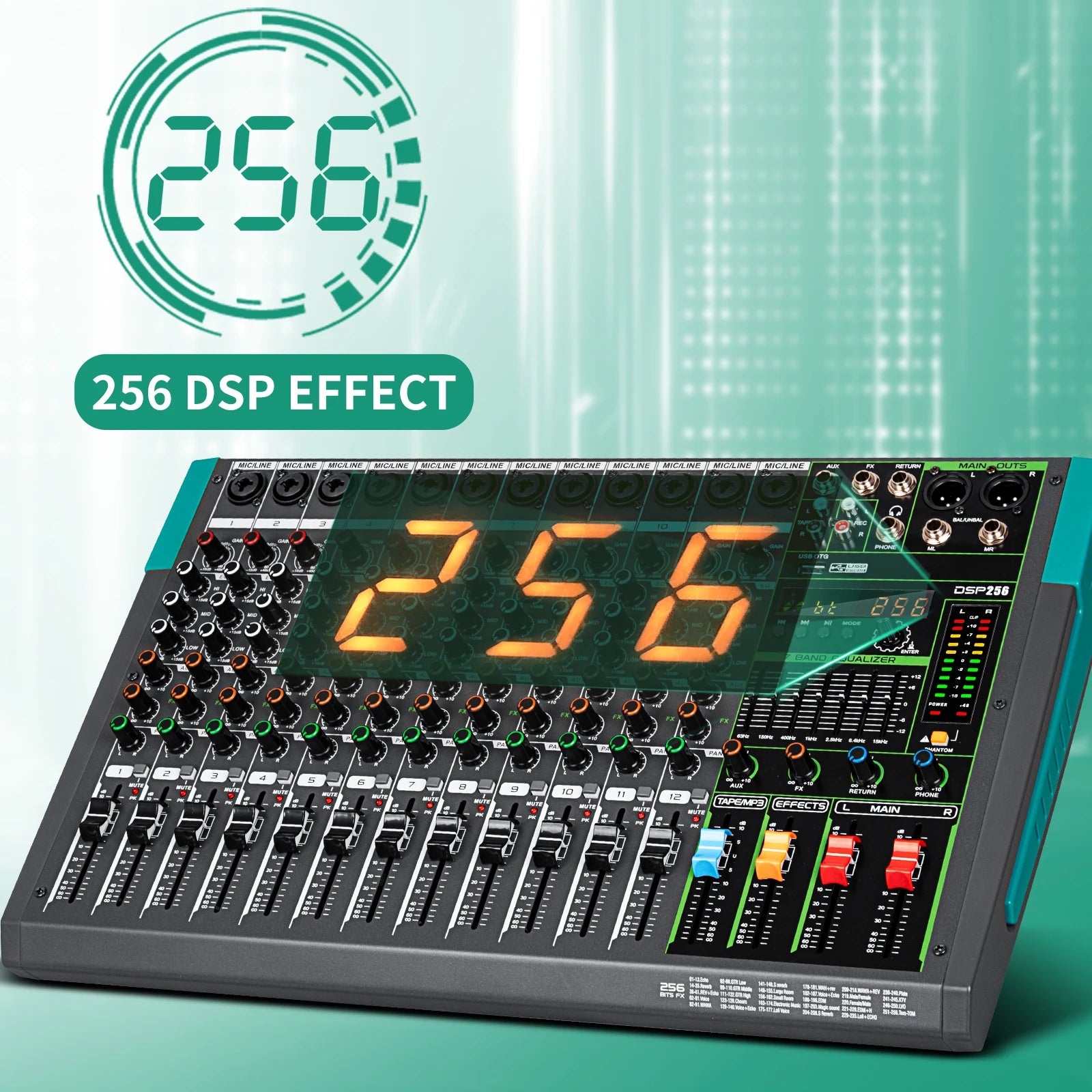 Professional 12 Channel 99 DSP Audio Mixer DJ Controller Reverb Recording Mixing With Bluetooth For Recording Stage Performance.